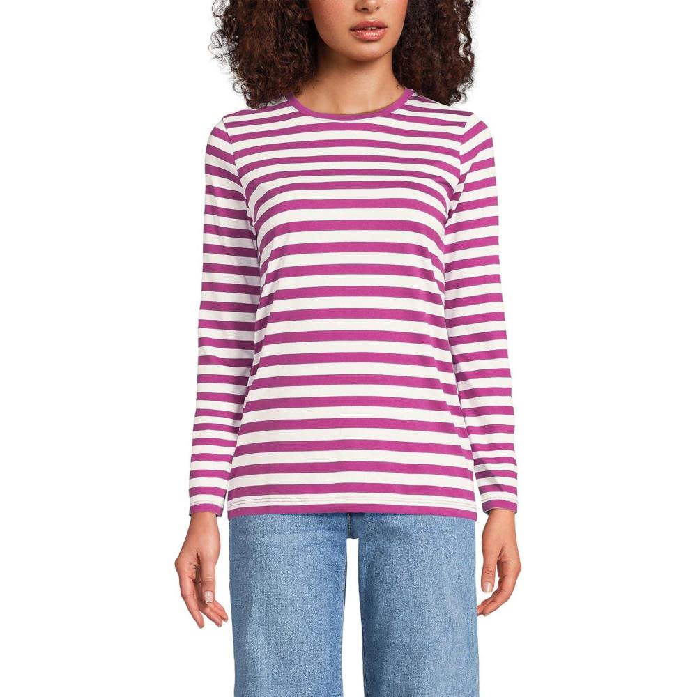 imageLands End Womens Relaxed AmericanGrown Supima Cotton Long Sleeve Crew Neck TShirtLight Raspberry Even Stripe