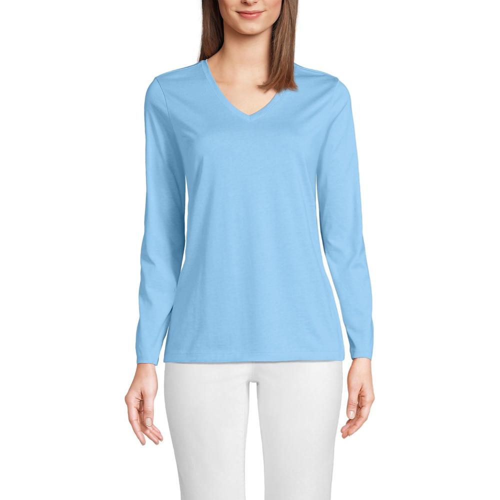 imageLands End Womens Relaxed AmericanGrown Supima Cotton Long Sleeve VNeck TShirtBermuda Blue