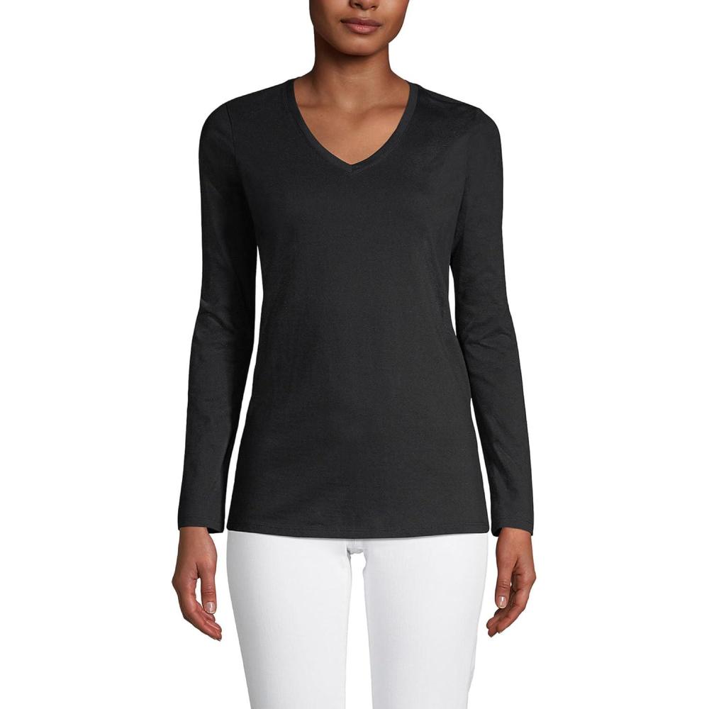 imageLands End Womens Relaxed AmericanGrown Supima Cotton Long Sleeve VNeck TShirtBlack