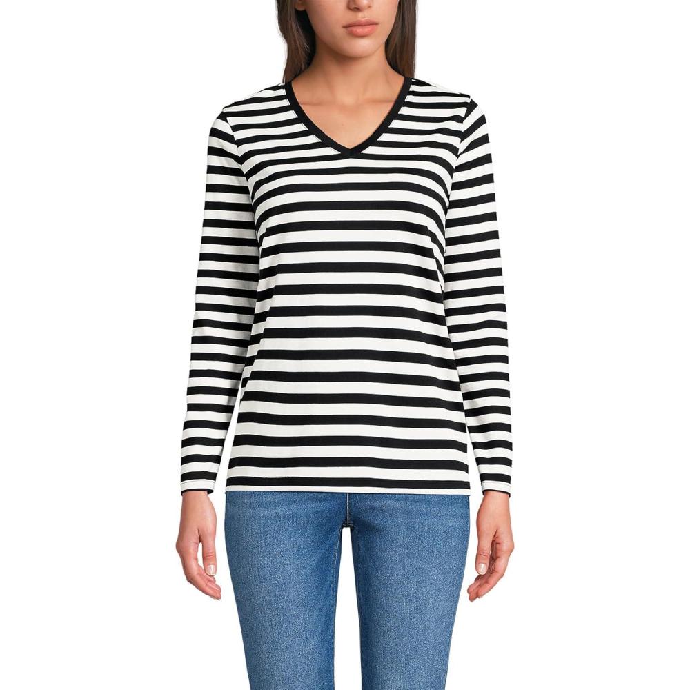 imageLands End Womens Relaxed AmericanGrown Supima Cotton Long Sleeve VNeck TShirtBlack Even Stripe