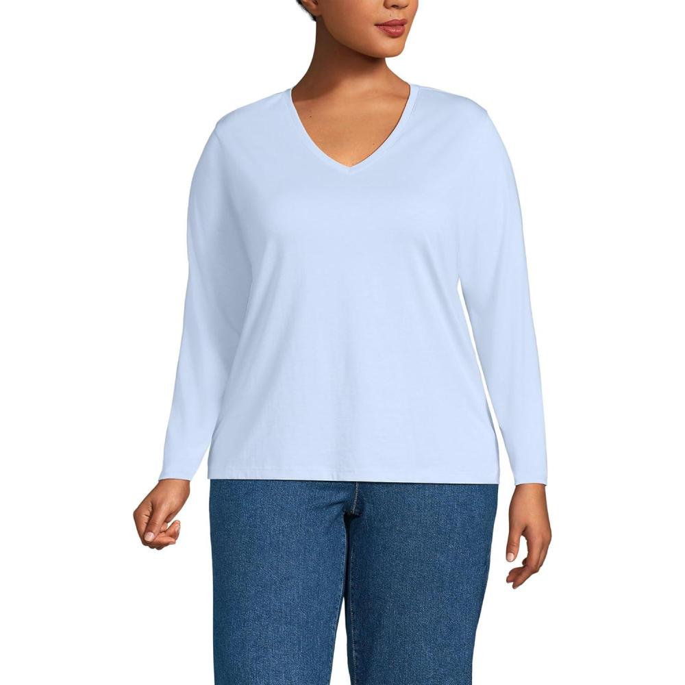 imageLands End Womens Relaxed AmericanGrown Supima Cotton Long Sleeve VNeck TShirtClearlake Blue