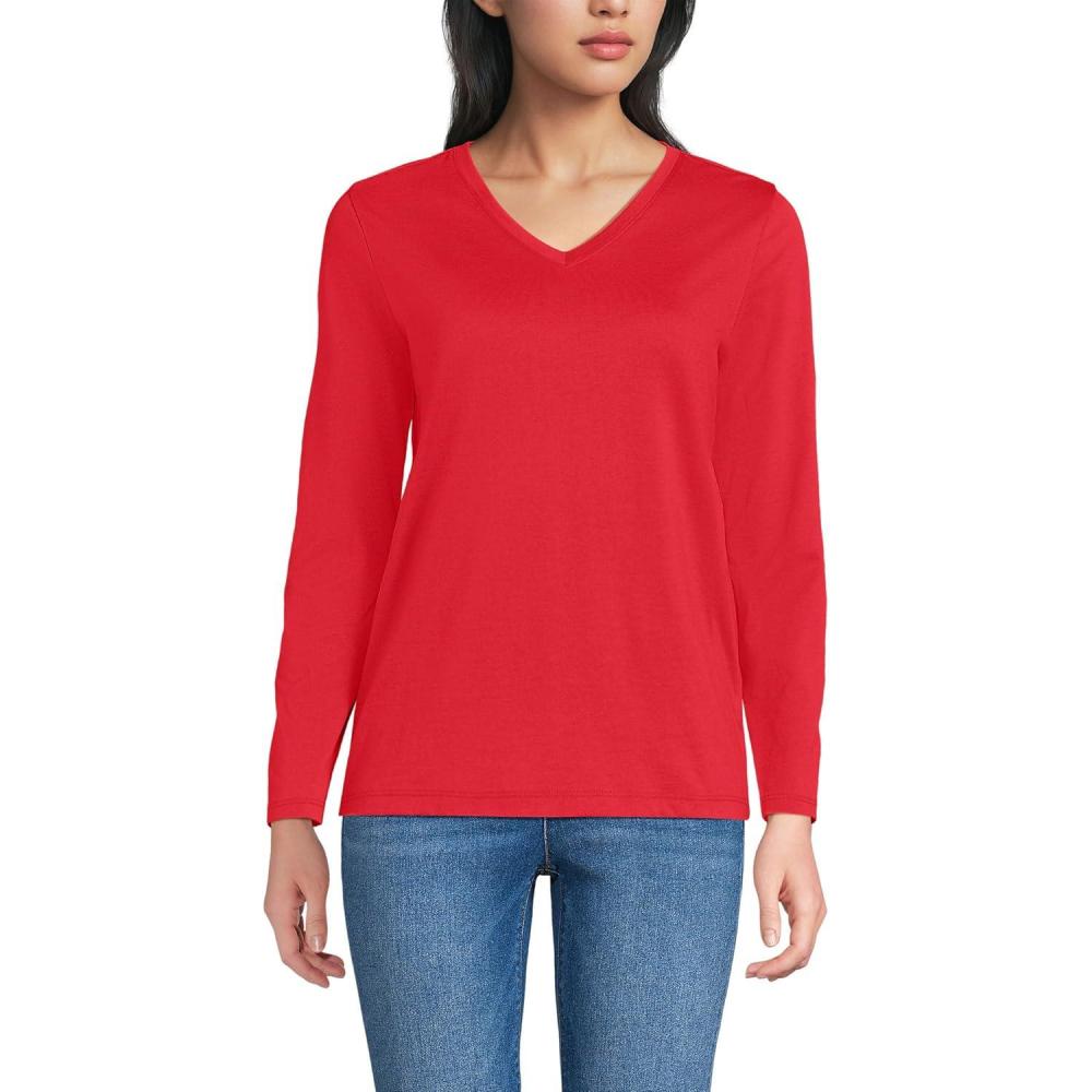 imageLands End Womens Relaxed AmericanGrown Supima Cotton Long Sleeve VNeck TShirtCompass Red