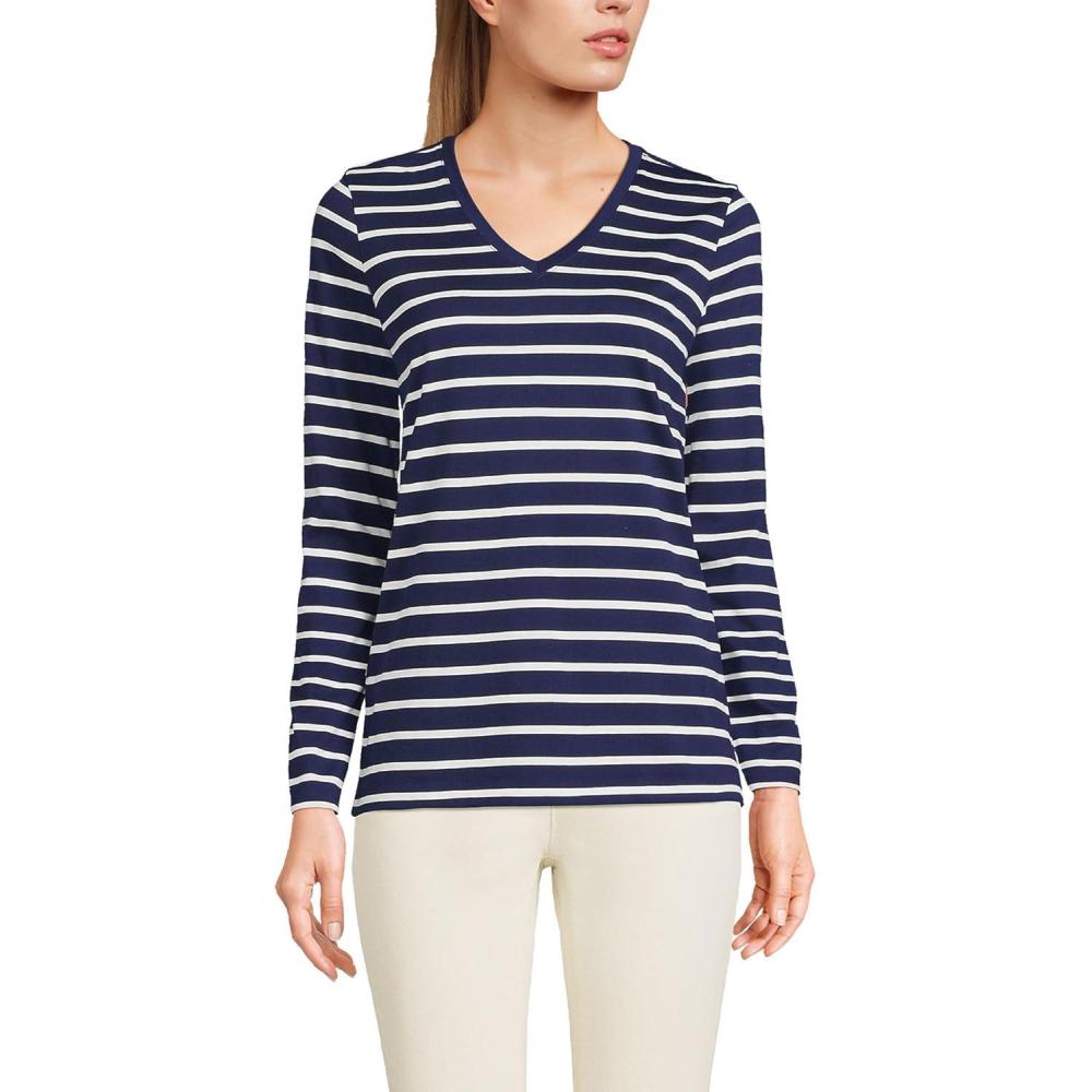 imageLands End Womens Relaxed AmericanGrown Supima Cotton Long Sleeve VNeck TShirtDeep Sea Navy Breton Stripe