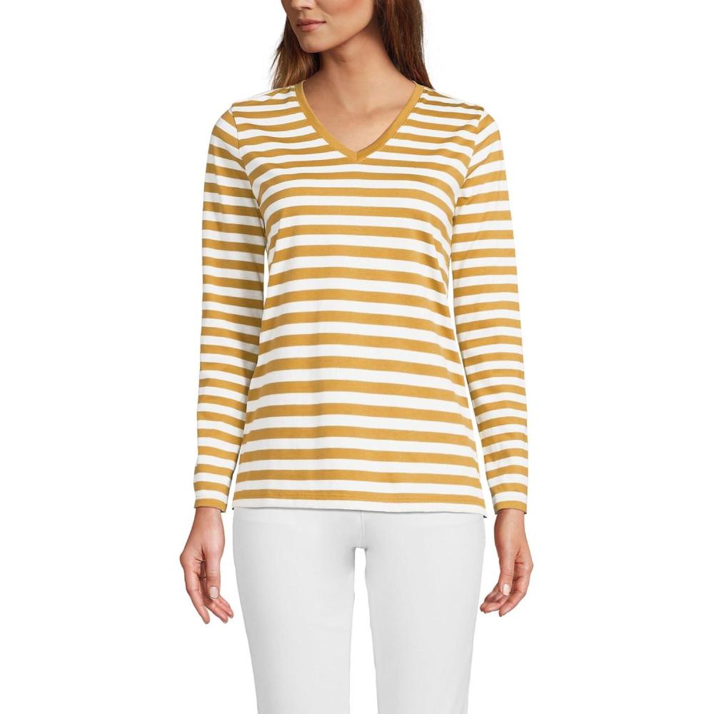 imageLands End Womens Relaxed AmericanGrown Supima Cotton Long Sleeve VNeck TShirtDijon Gold Even Stripe
