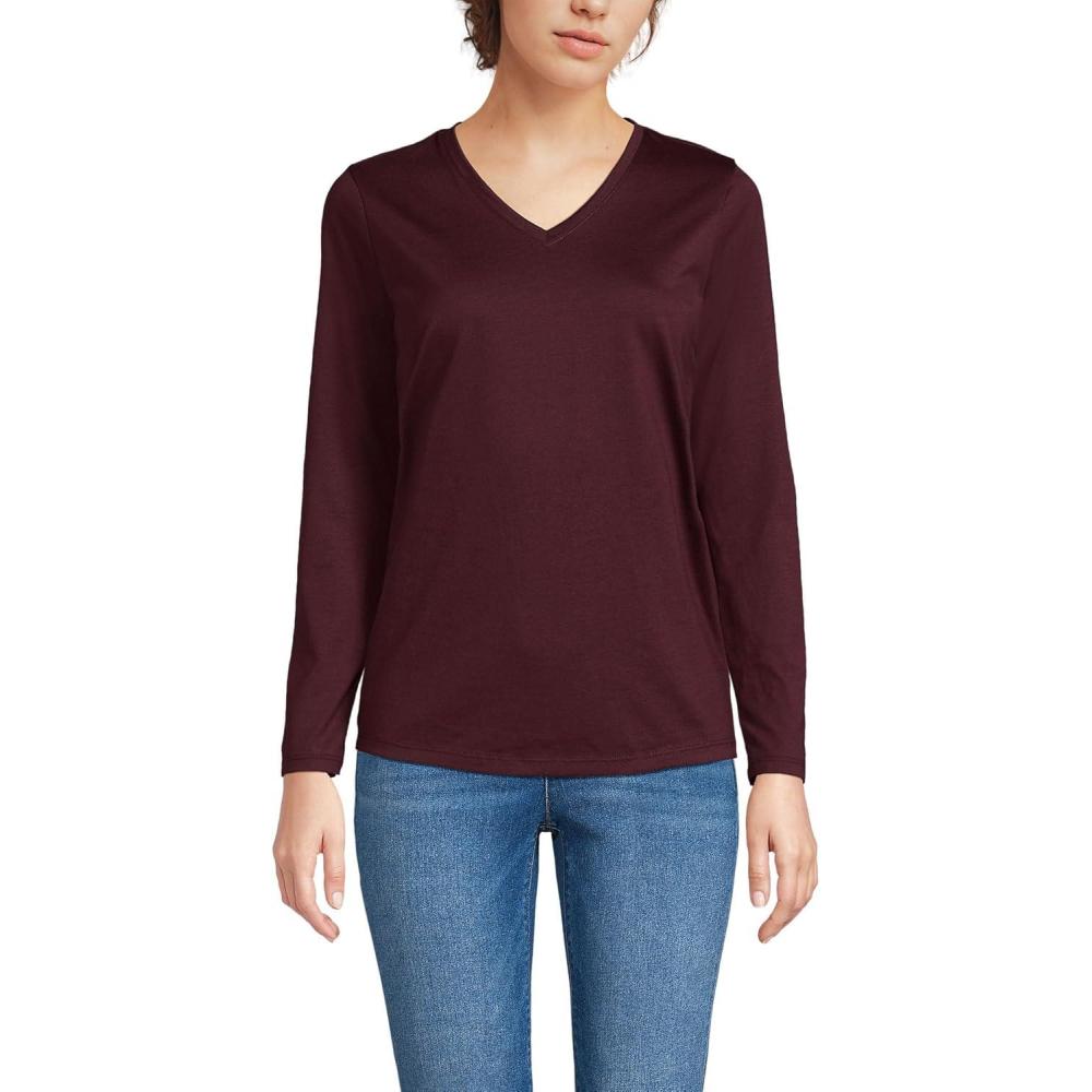 imageLands End Womens Relaxed AmericanGrown Supima Cotton Long Sleeve VNeck TShirtLush Burgundy