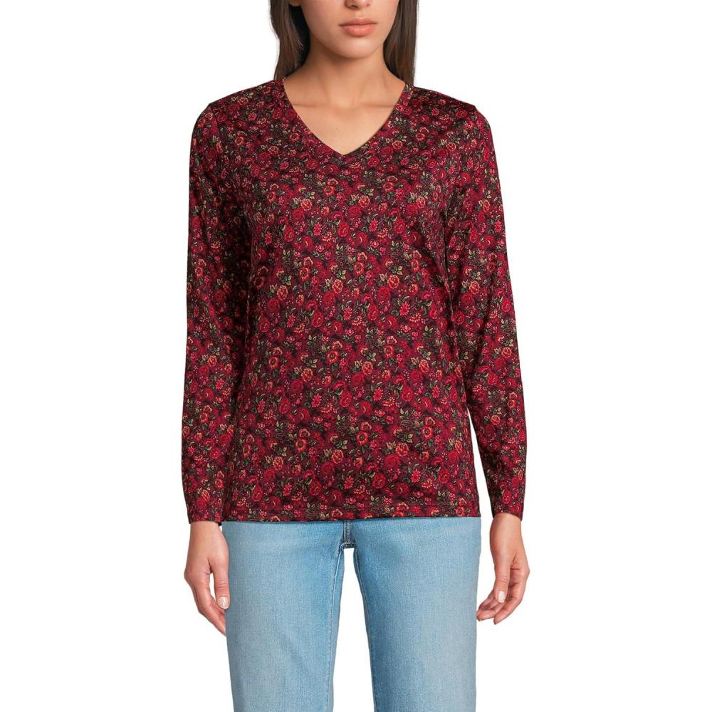 imageLands End Womens Relaxed AmericanGrown Supima Cotton Long Sleeve VNeck TShirtLush BurgundyRed Flowers