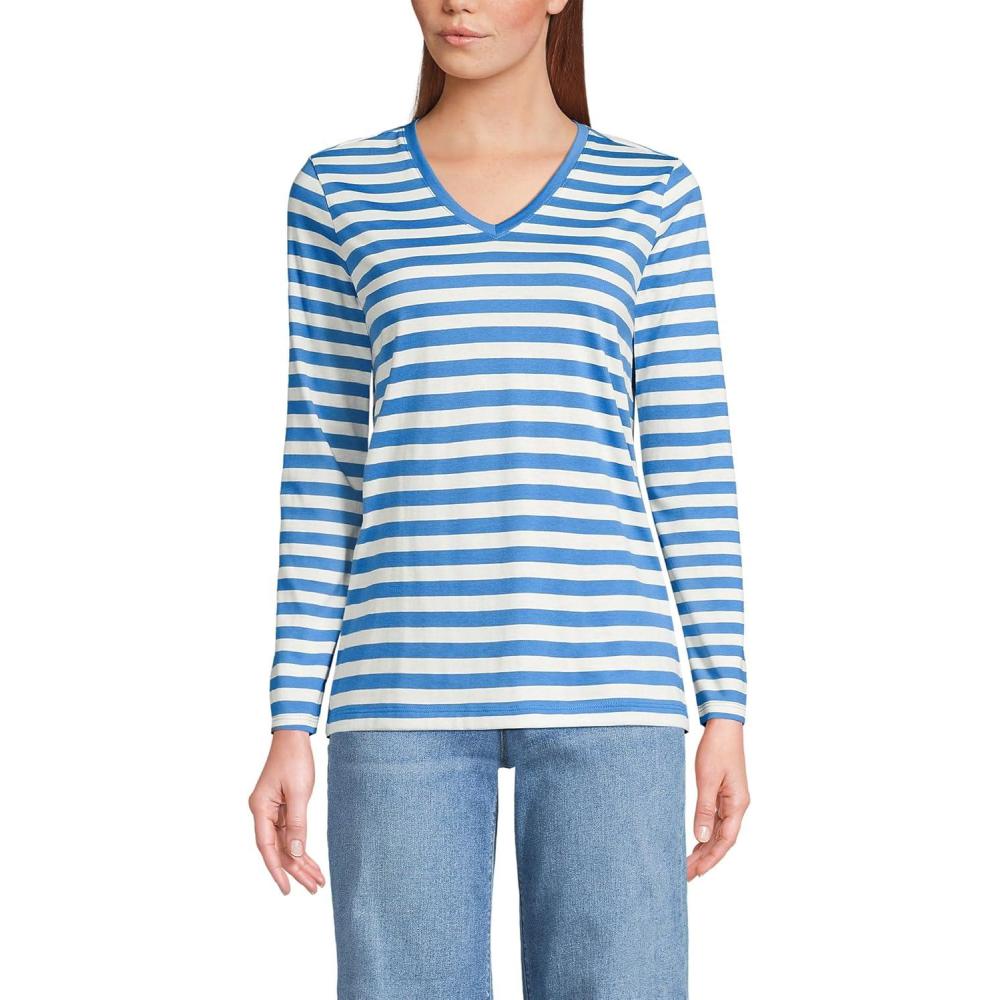 imageLands End Womens Relaxed AmericanGrown Supima Cotton Long Sleeve VNeck TShirtMuted Cobalt Even Stripe