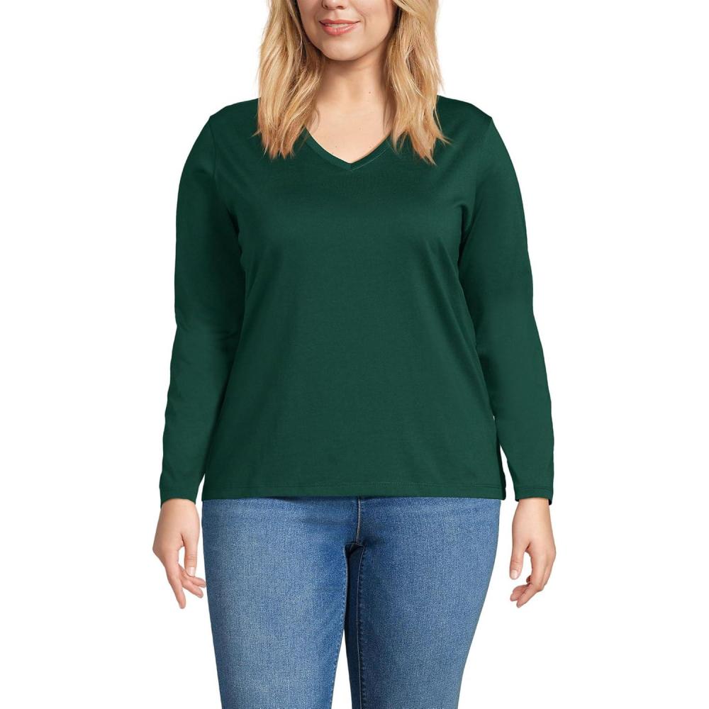 imageLands End Womens Relaxed AmericanGrown Supima Cotton Long Sleeve VNeck TShirtPine Valley
