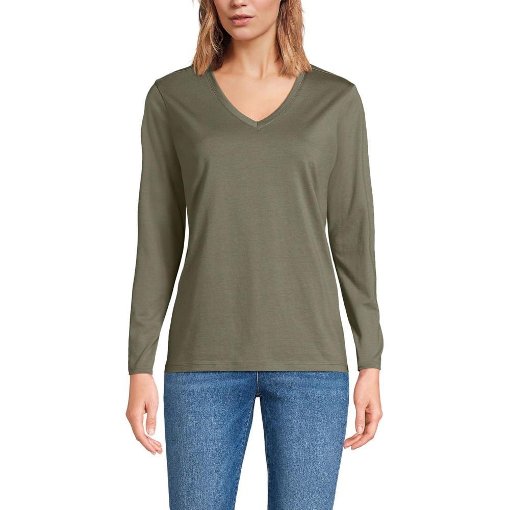 imageLands End Womens Relaxed AmericanGrown Supima Cotton Long Sleeve VNeck TShirtSoft Olive Drab