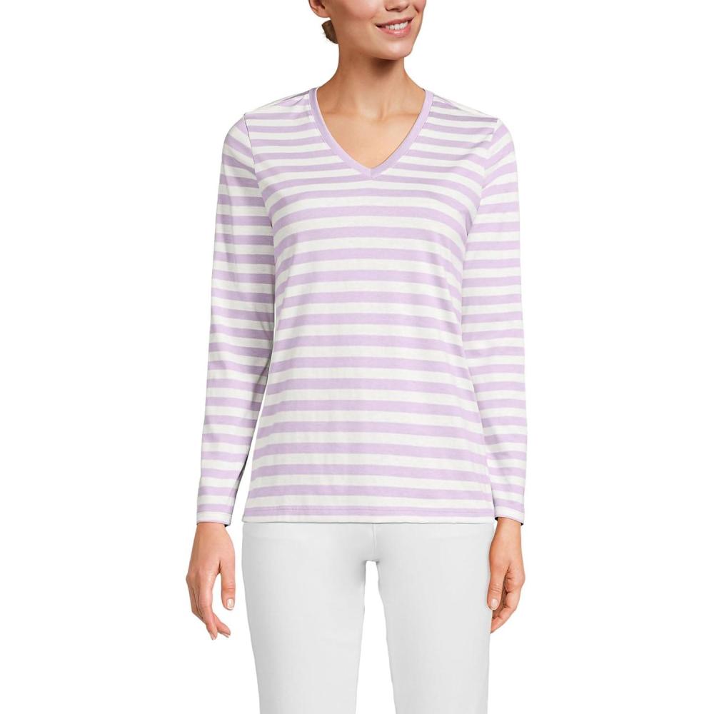 imageLands End Womens Relaxed AmericanGrown Supima Cotton Long Sleeve VNeck TShirtWhisper Lilac Even Stripe