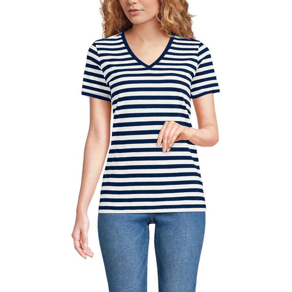 imageLands End Womens Relaxed AmericanGrown Supima Cotton VNeck TShirtDeep Sea Navy Even Stripe
