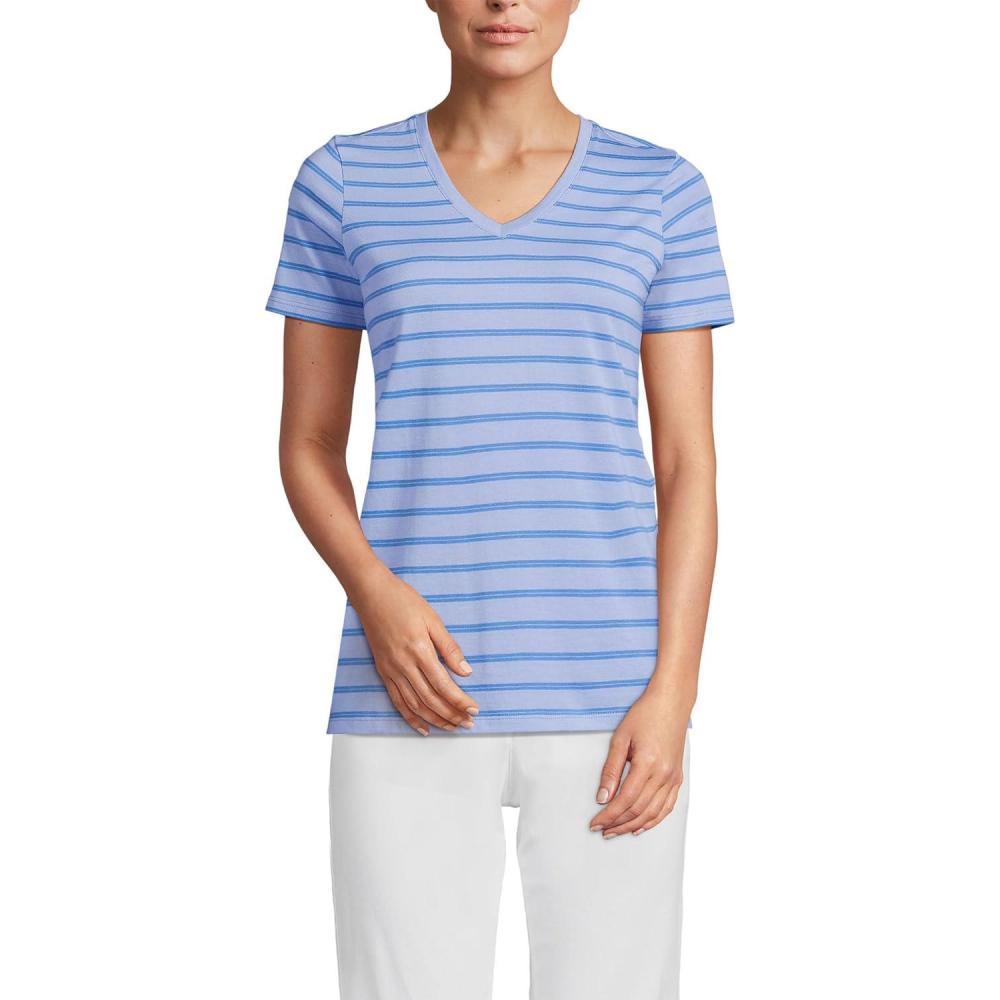 imageLands End Womens Relaxed AmericanGrown Supima Cotton VNeck TShirtLight Cornflower Dual Stripe