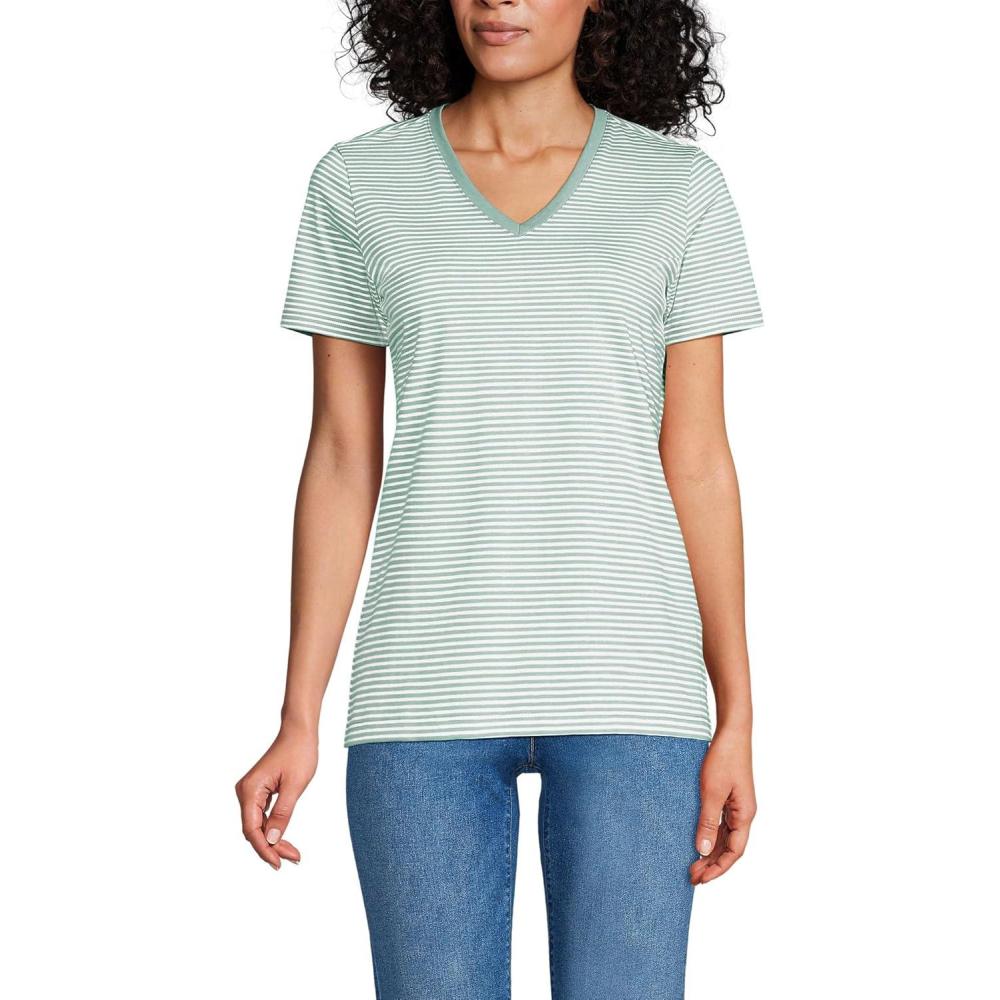imageLands End Womens Relaxed AmericanGrown Supima Cotton VNeck TShirtLily Pad Green Micro Stripe