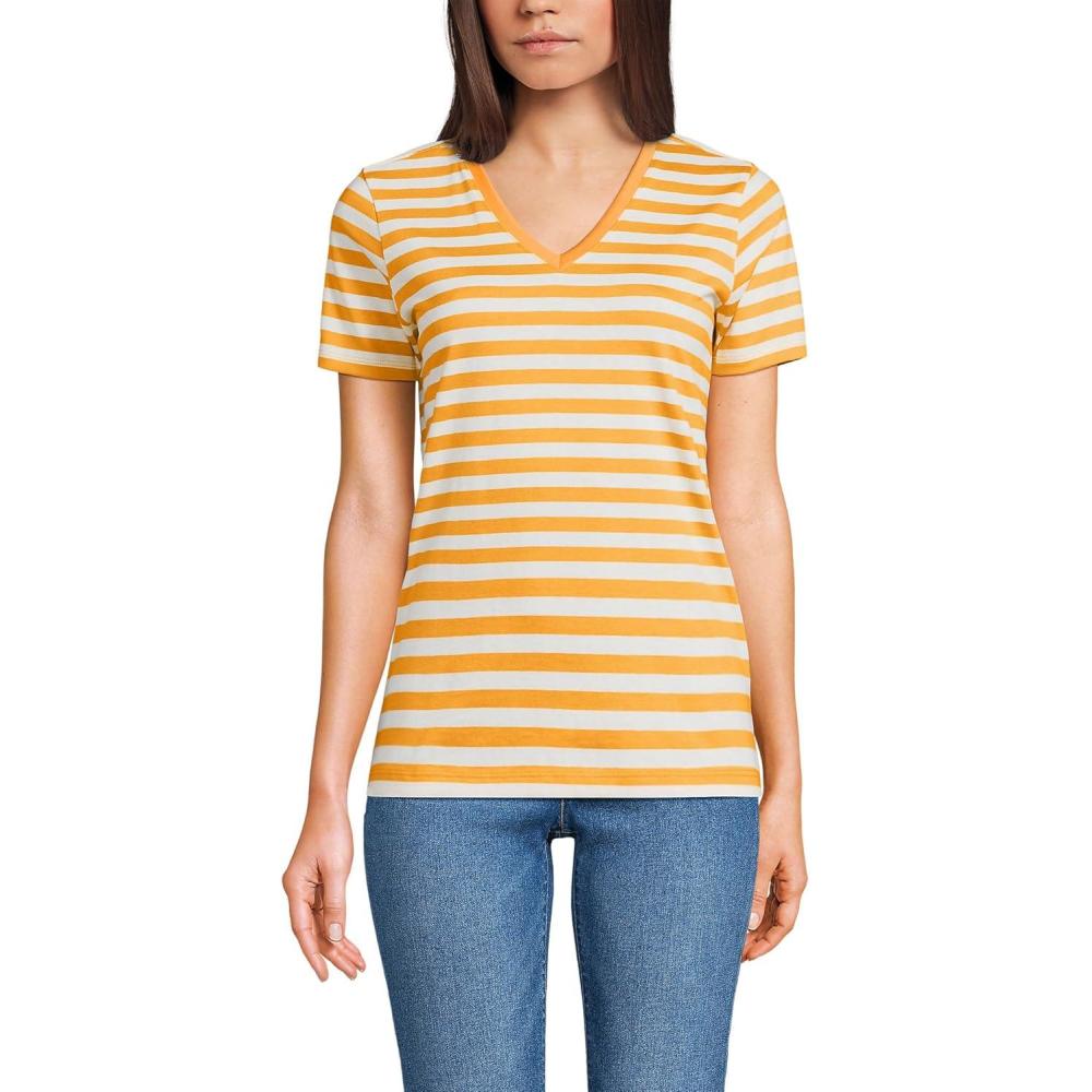 imageLands End Womens Relaxed AmericanGrown Supima Cotton VNeck TShirtSweet Mango Even Stripe