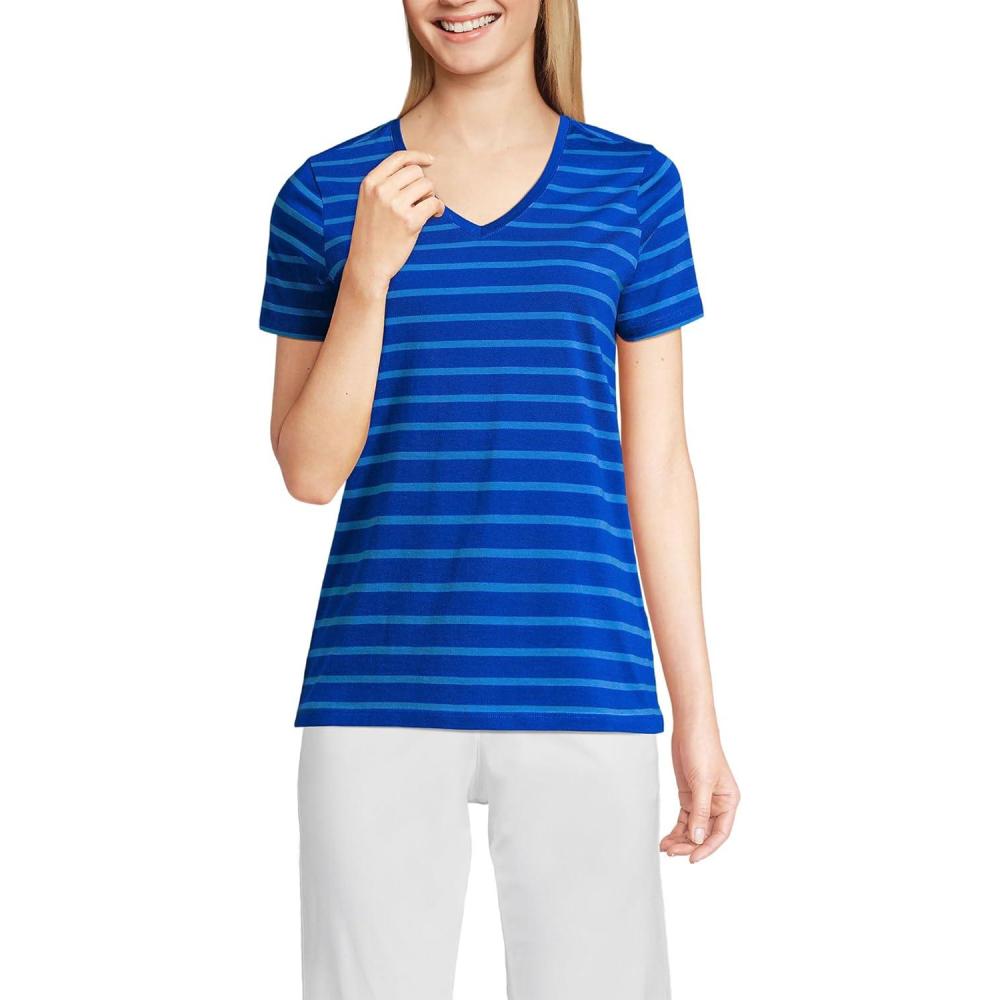 imageLands End Womens Relaxed AmericanGrown Supima Cotton VNeck TShirtTrue Cobalt Blue Breton Stripe
