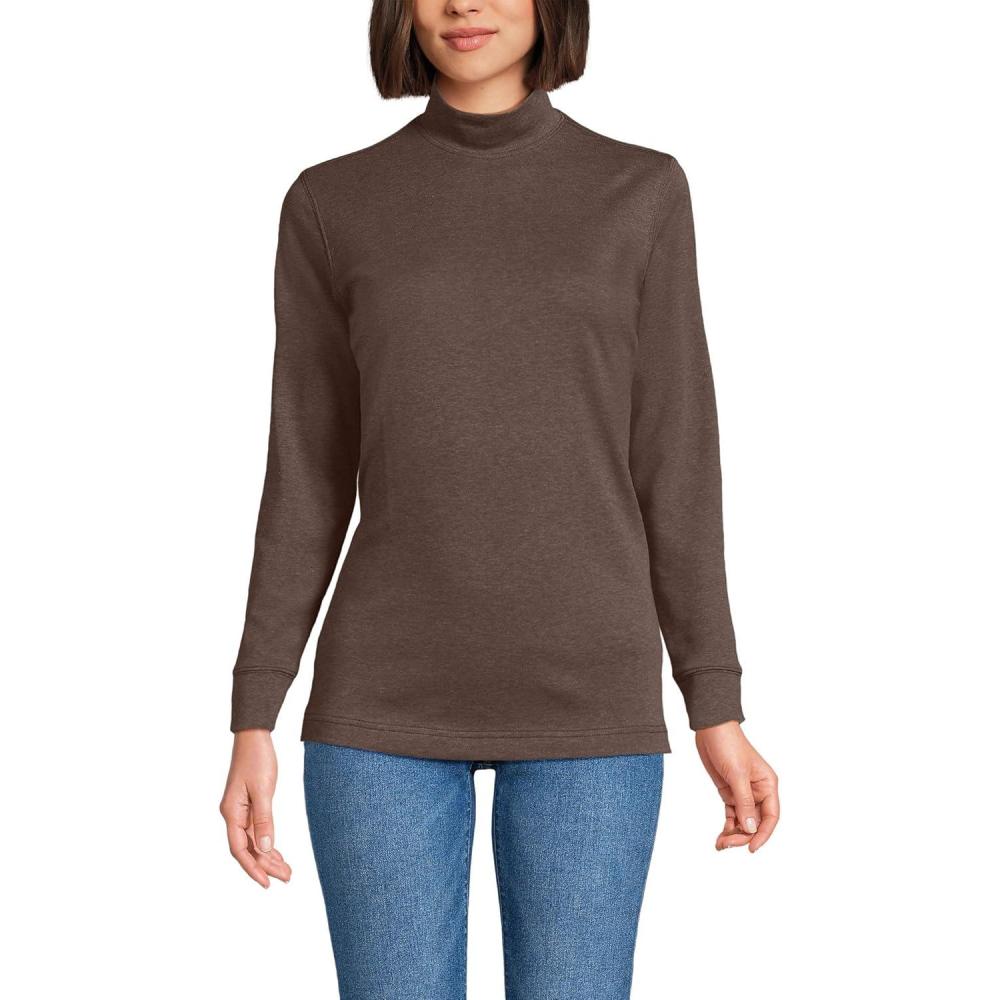 imageLands End Womens Relaxed Cotton Long Sleeve Mock Turtleneck ShirtBark Brown Heather