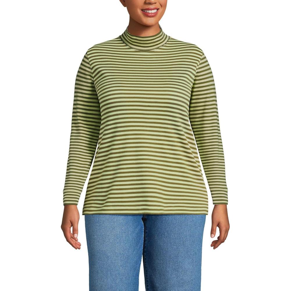 imageLands End Womens Relaxed Cotton Long Sleeve Mock Turtleneck ShirtOlive DrabIced Lime Stripe