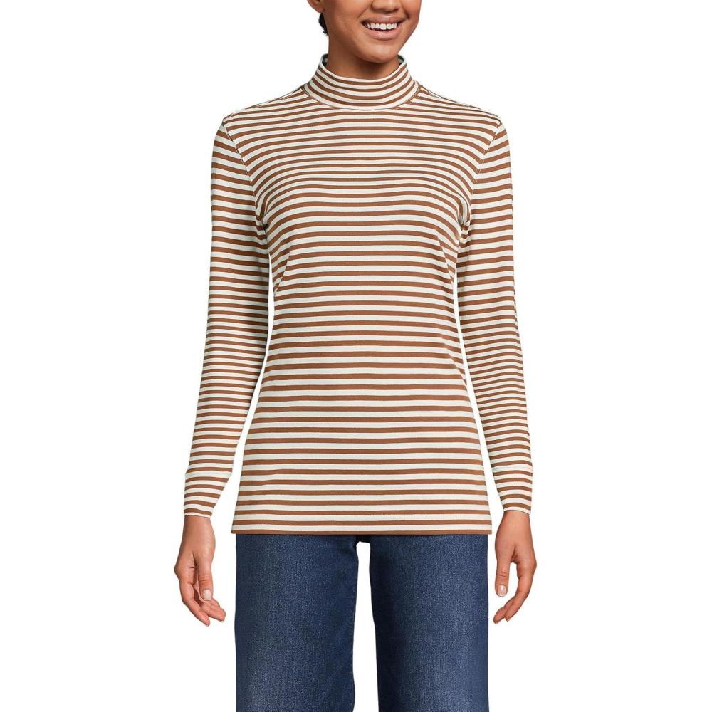 imageLands End Womens Relaxed Cotton Long Sleeve Mock Turtleneck ShirtRich GingerIvory Stripe