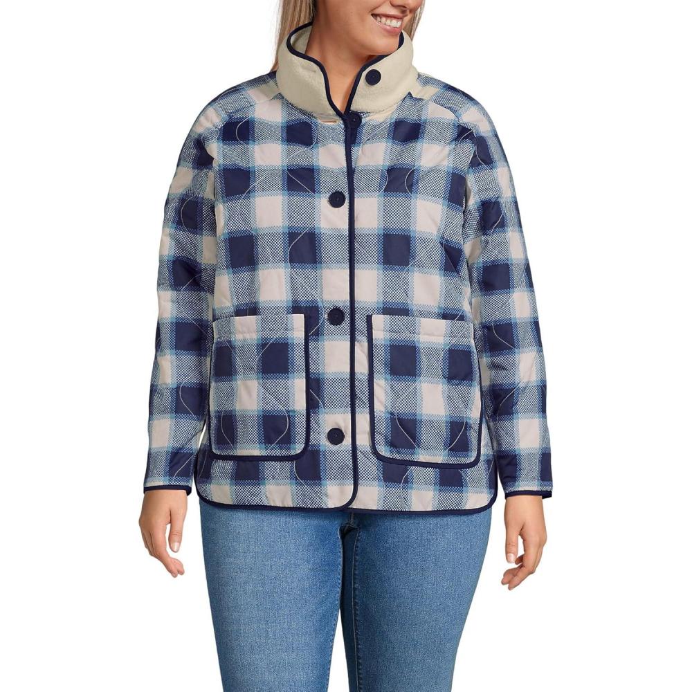 imageLands End Womens Sherpa Fleece Reversible Mixed Media Long JacketIvoryNavy Check