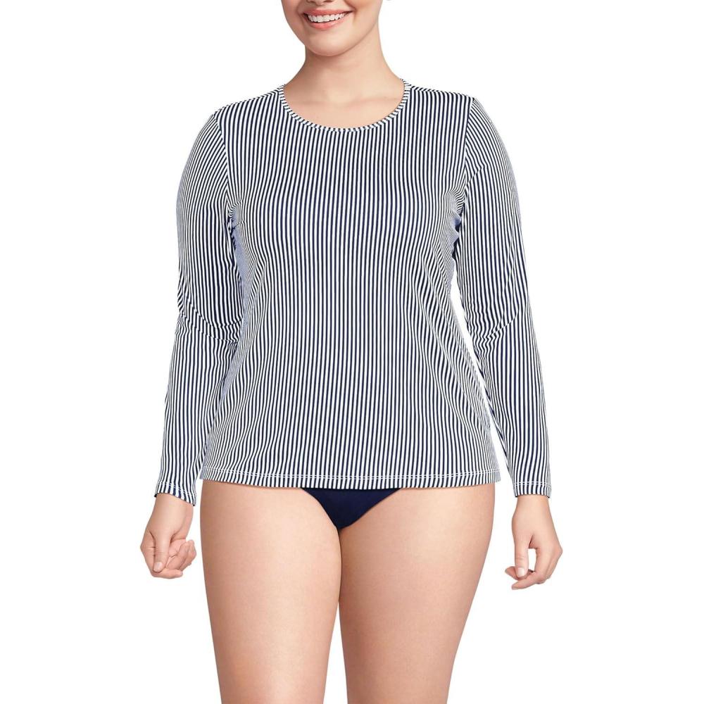 imageLands End Womens Sunshade UPF 50 Long Sleeve Relaxed Rash GuardDeep Sea Navy Mini Stripe