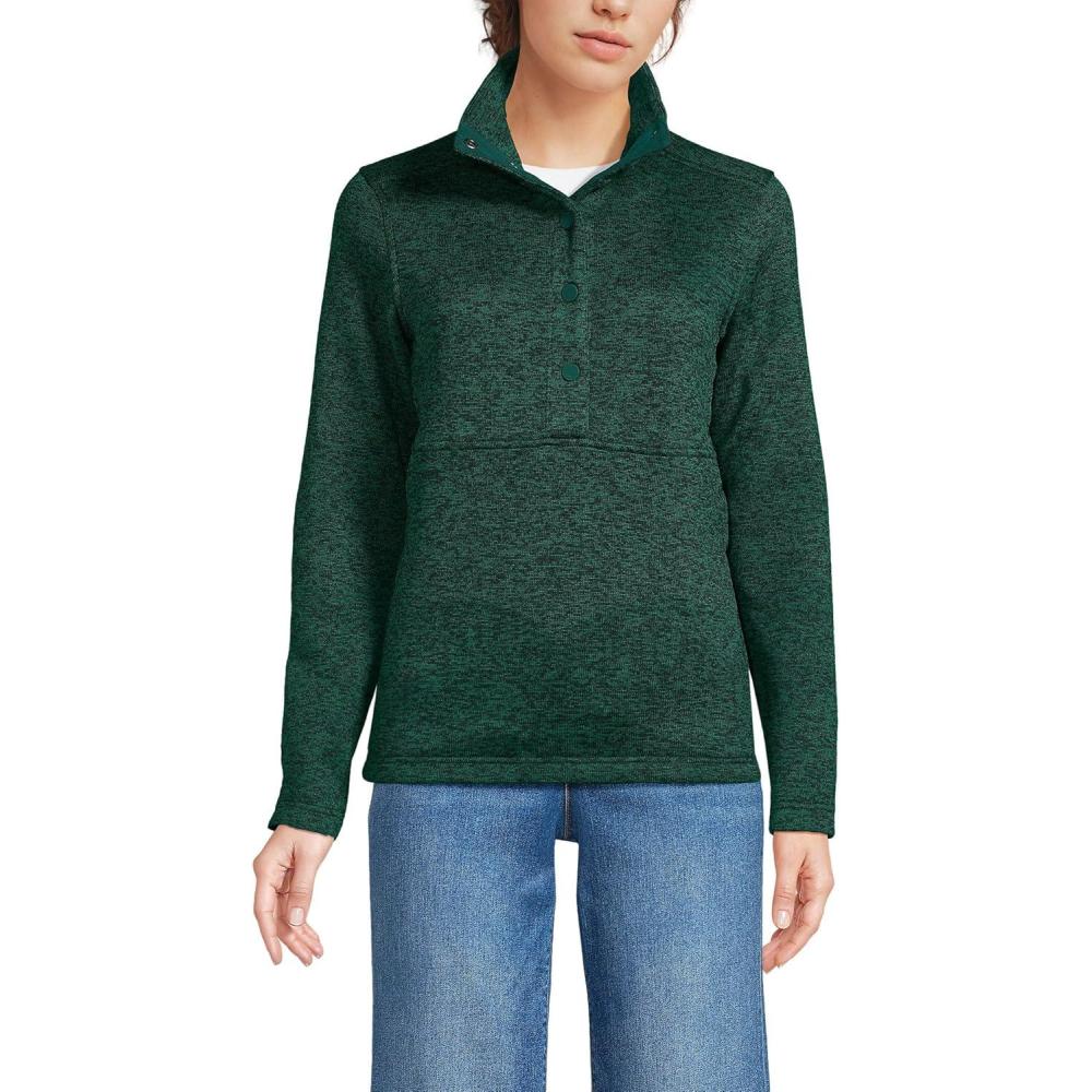imageLands End Womens Sweater Fleece Snap Neck Pullover JacketEvergreen Heather