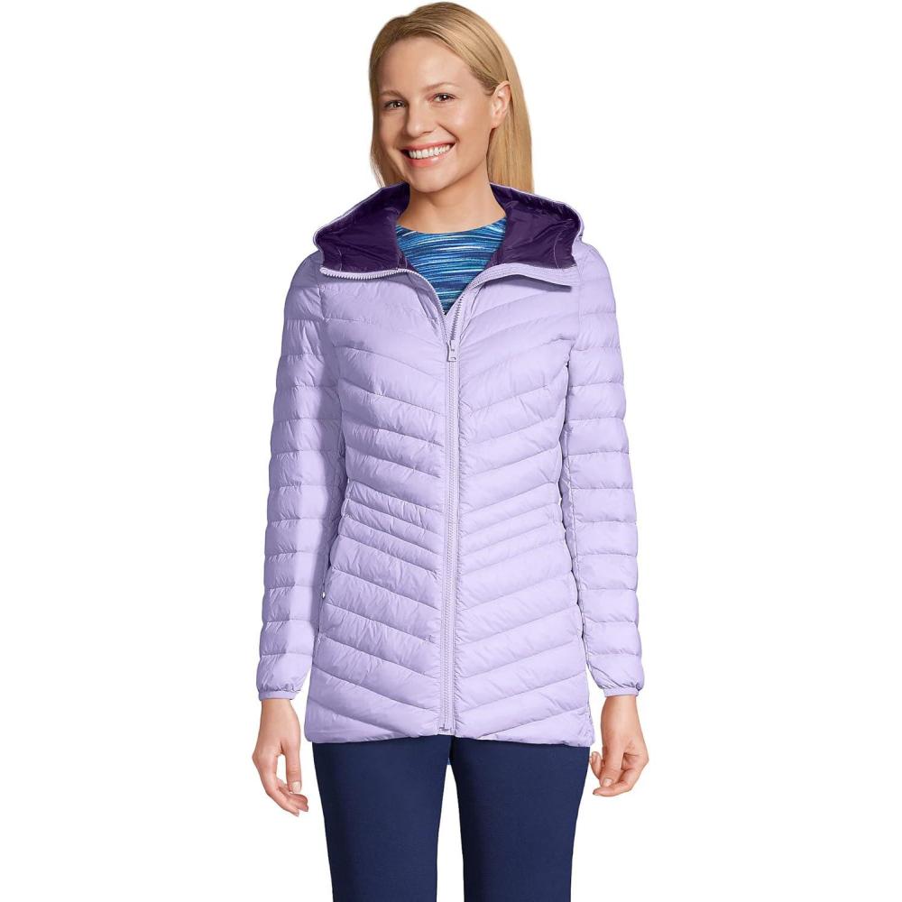 imageLands End Womens UL Packable Hooded Long Down Jacket Lavender Cloud Regular Large