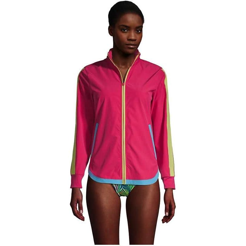 imageLands End Womens Woven Hooded Full Zip Coverup Jacket Hot PinkTurquoiseLime Mix Regular Small