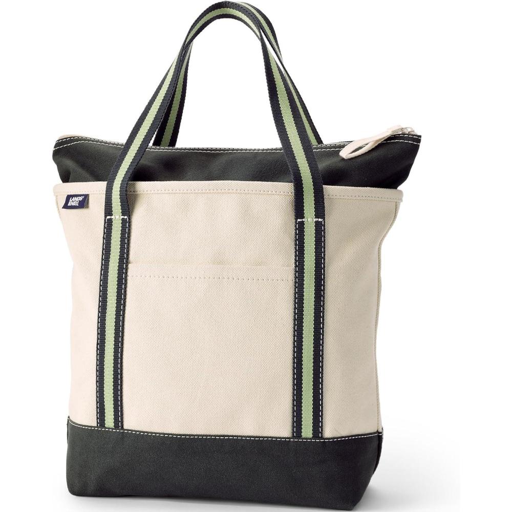 imageLands End Zip Top Canvas Tote BagNaturalForest Lime Stripe