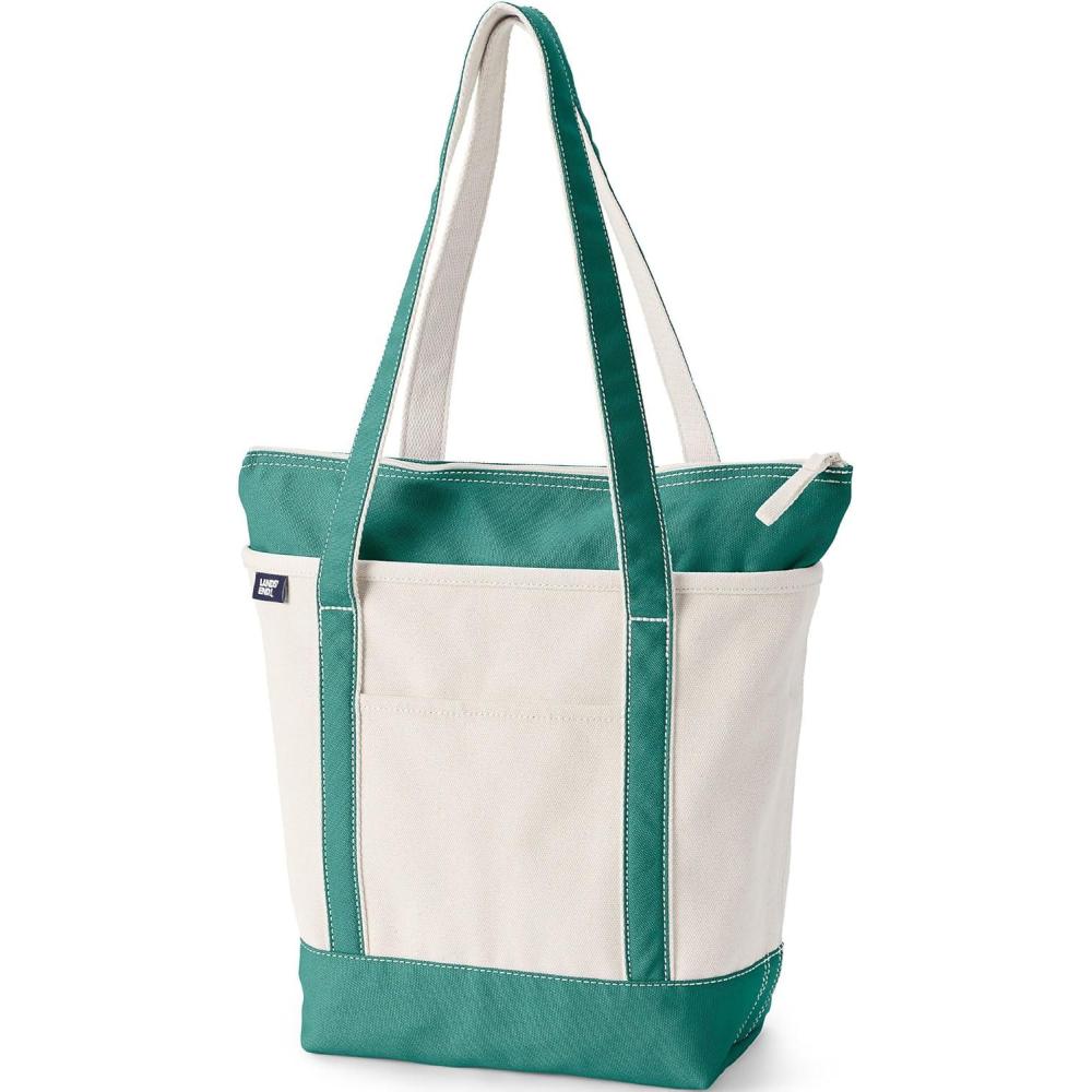 imageLands End Zip Top Long Handle Canvas Tote BagNaturalBright Spruce