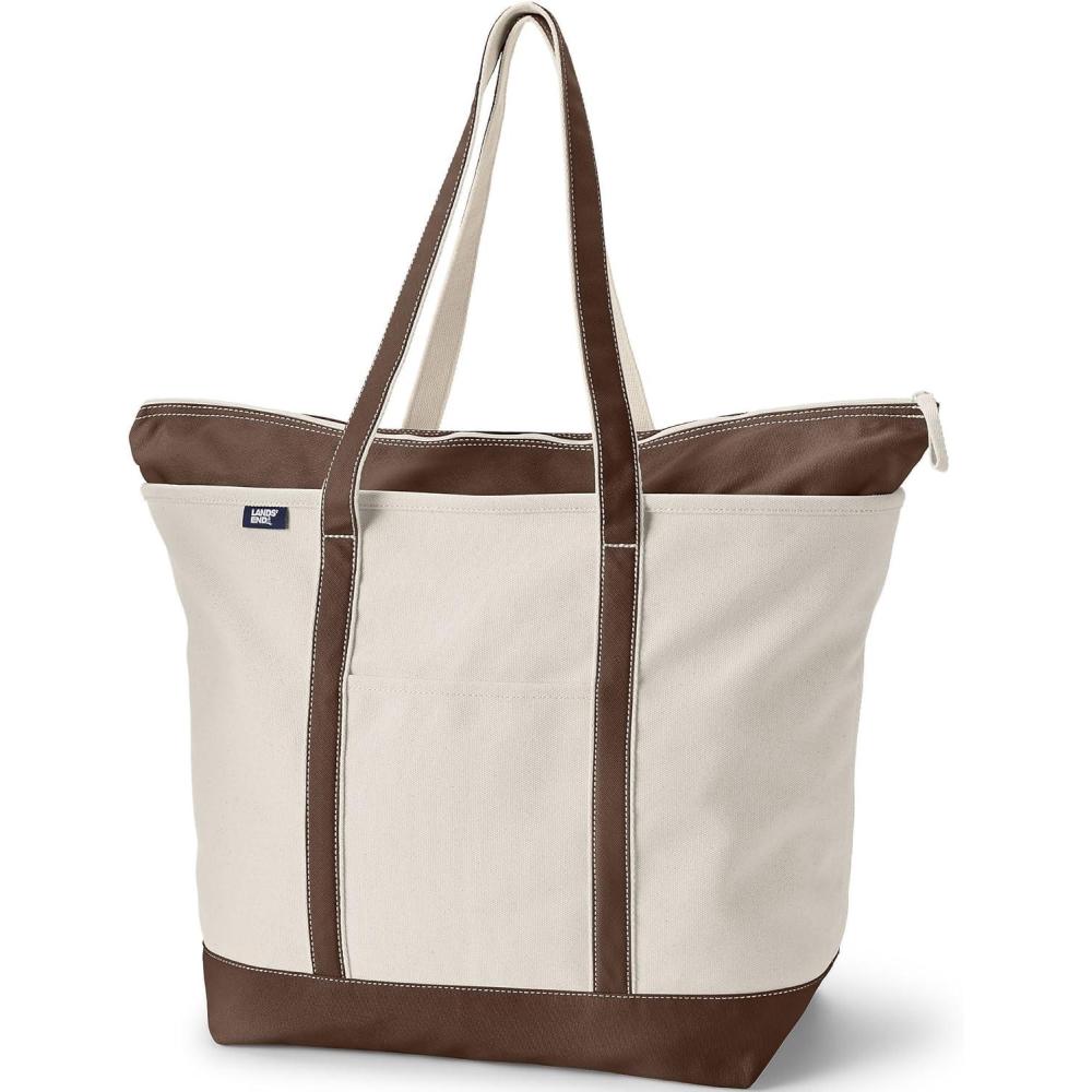 imageLands End Zip Top Long Handle Canvas Tote BagNaturalBrown Root