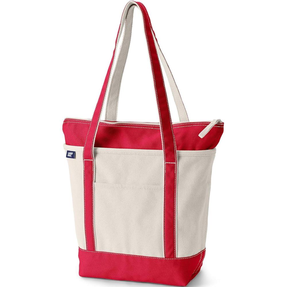 imageLands End Zip Top Long Handle Canvas Tote BagNaturalHeritage Red