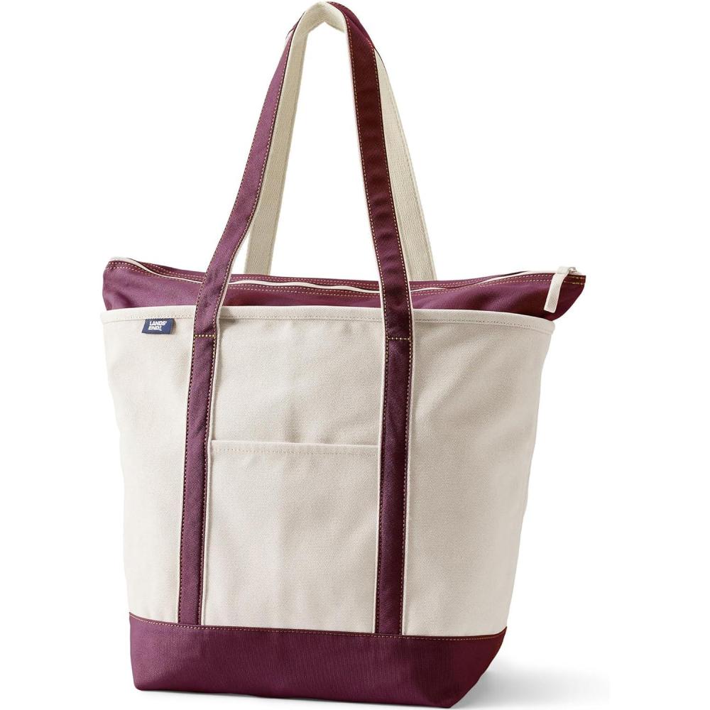 imageLands End Zip Top Long Handle Canvas Tote BagNaturalLush Burgundy