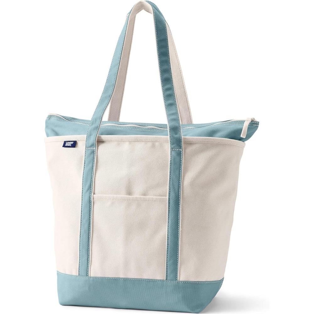 imageLands End Zip Top Long Handle Canvas Tote BagNaturalPale Teal