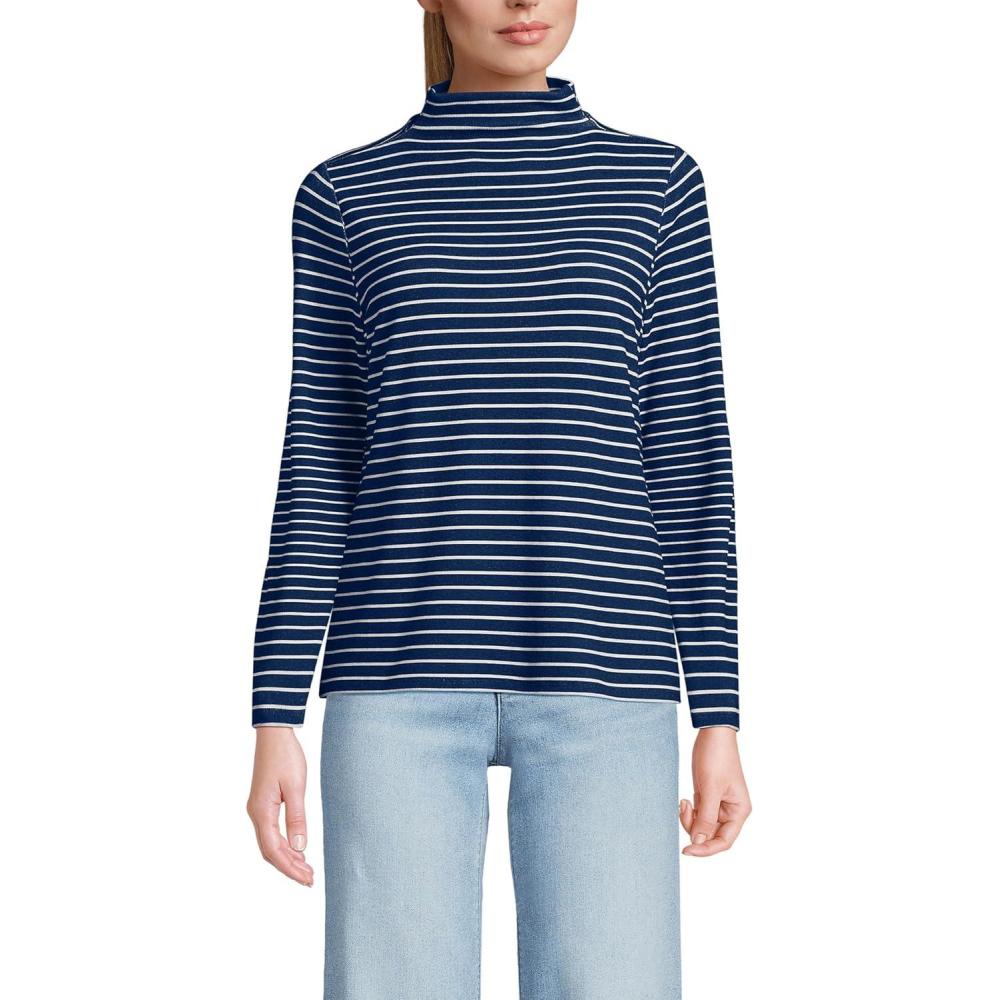 imageWomens Drapey Rib Skimming Long Sleeve Mock Neck ShirtDeep Sea NavyIvory Stripe