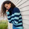 Lands’ End Women’s Cashmere Turtleneck Sweater(Deep Sea Navy/Aqua Stripe)