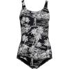 Lands’ End Women’s Chlorine Resistant Soft Cup Tugless Sporty One Piece Swimsuit(Black Tropical Scene)