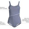 Lands’ End Women’s Chlorine Resistant Soft Cup Tugless Sporty One Piece Swimsuit(Deep Sea/White Media Stripe)