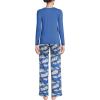 Lands’ End Women’s Pajama Set Knit Long Sleeve T-Shirt and Flannel Pants(Cobalt Blue Holiday Penguins)