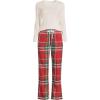Lands’ End Women’s Pajama Set Knit Long Sleeve T-Shirt and Flannel Pants(Compass Red/Emerald Plaid)