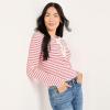 Lands’ End Women’s Polished Rib Tie Henley Top(Ivory/Berry Rouge Dual Stripe)