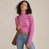 Lands’ End Women’s Relaxed Cotton Long Sleeve Mock Turtleneck Shirt(Aster Pink/Raspberry Stripe)