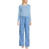 Lands’ End Women’s Pajama Set Knit Long Sleeve T-Shirt and Flannel Pants(Chicory Blue Snowman)