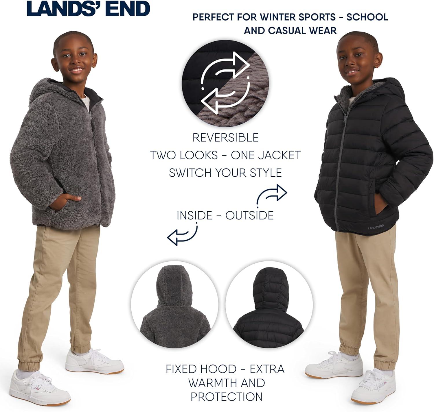 imageLands End Boys Reversible Faux Sherpa Lined Insulated Puffer JacketBlack