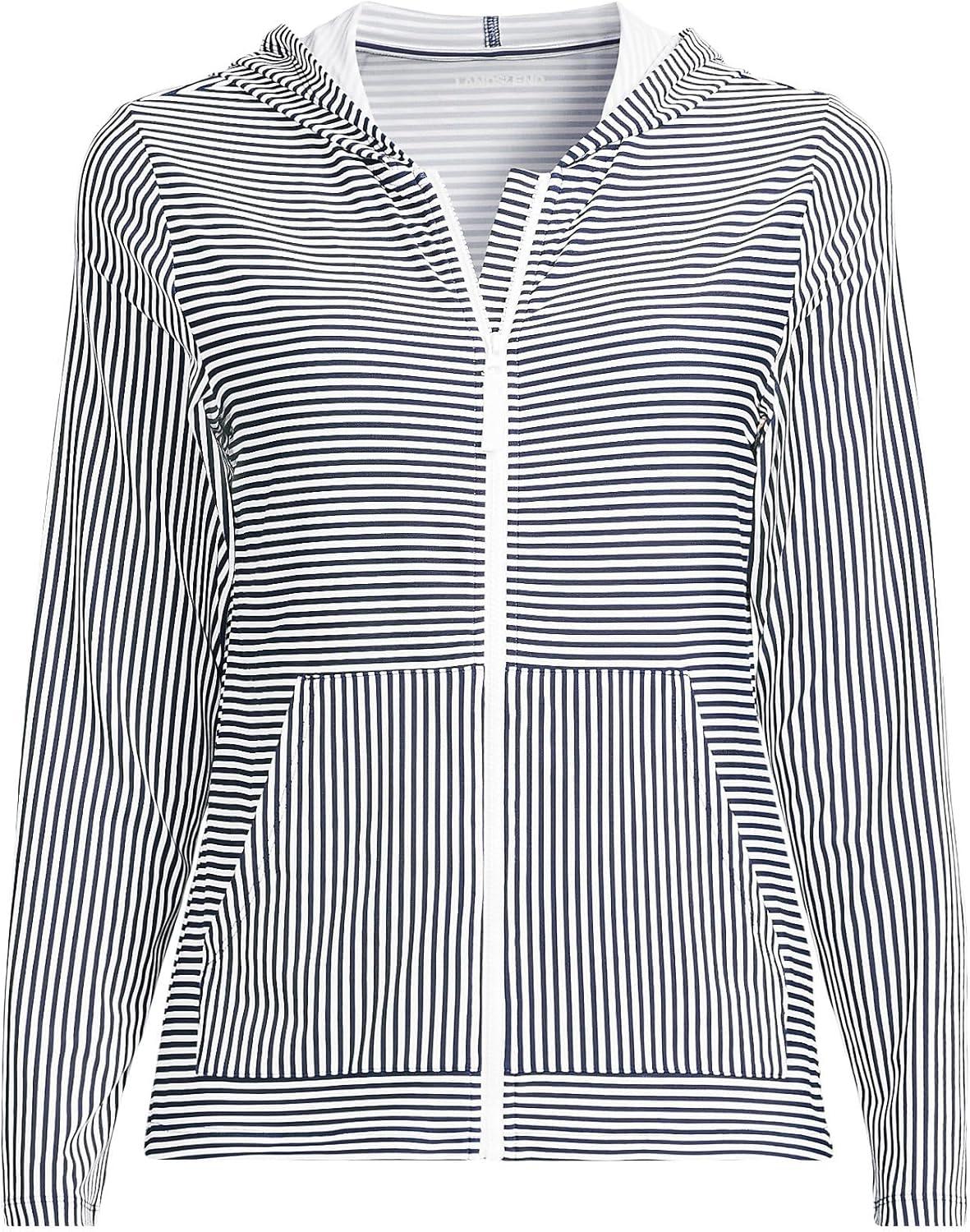 imageLands End Womens Sunshade UPF 50 Long Sleeve Hooded Full Zip Rash GuardDeep Sea Navy Mini Stripe