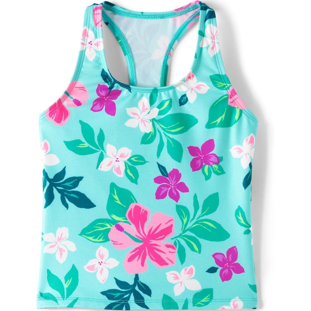imageLands End Big Girls UPF 50 Racerback Tankini Swimsuit TopCrystal Aqua Tropical Floral