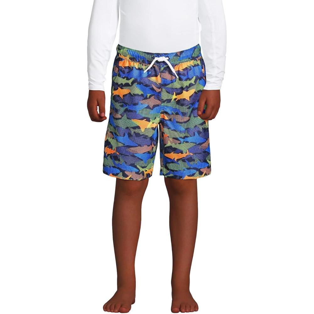 imageLands End Boys Active Stretch Quick Dry UPF 50 Swim TrunkNavy Multi Sharks