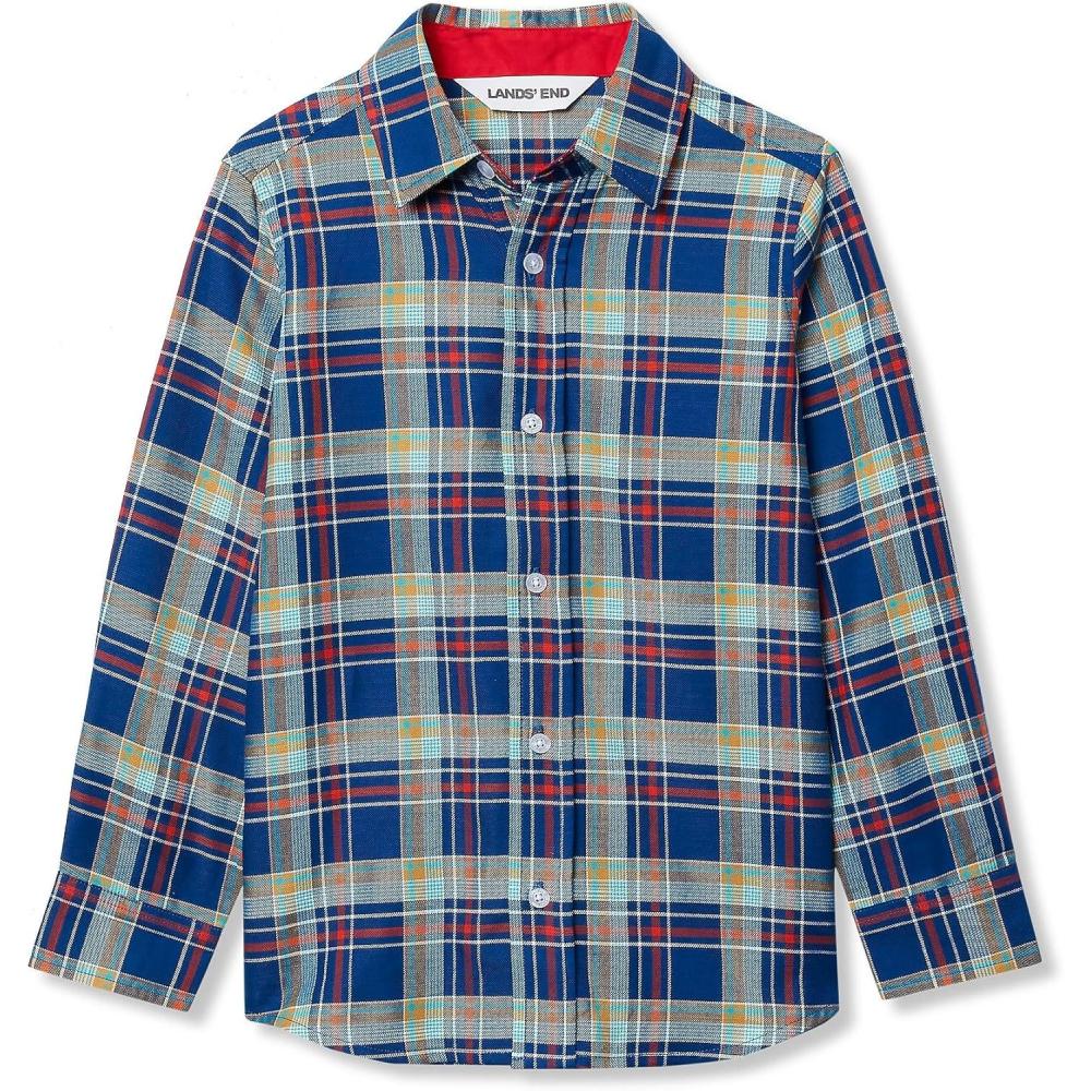 imageLands End Boys Button Down Poplin ShirtFiery RedBlue Plaid