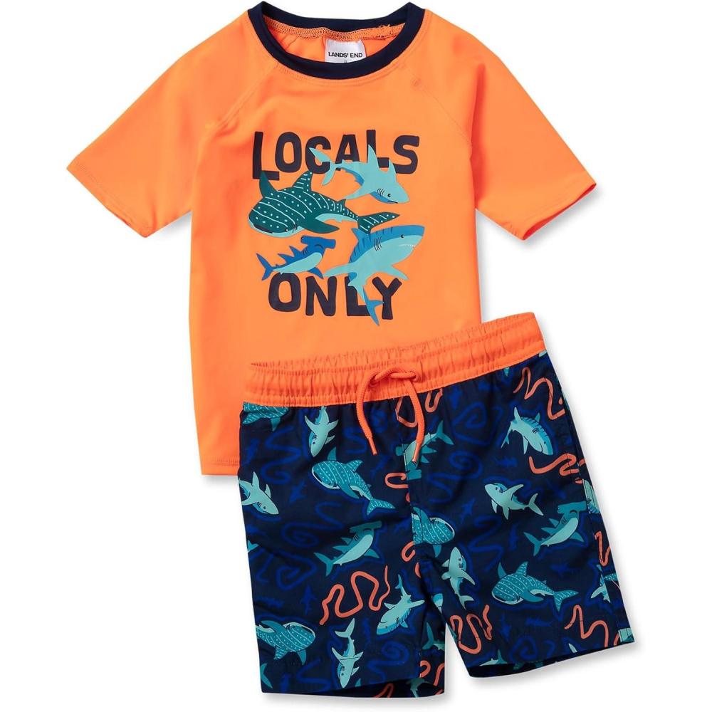 imageLands End Boys Chlorine Resistant Short Sleeve UPF 50 Rash Guard Swim Trunk SetNeon Orange Squiggle Sharks
