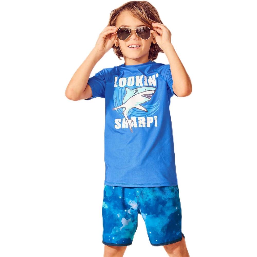 imageLands End Boys Husky Short Sleeve UPF 50 Sun Protection Rash GuardElectric Blue Shark