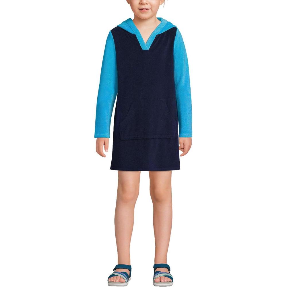 imageLands End G Terry Kangaroo Cover Up Deep Sea Navy Colorblock Kids Medium